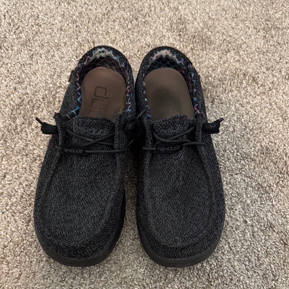 Hey Dude Black Knit Slip-On Shoes with Multicolor Patterned Collar